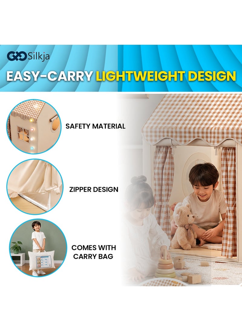 Silkja Kids Play Tent – Large Indoor & Outdoor Playhouse for Boys & Girls (Ages 3–10) – Beige Tent with LED Fairy Lights, Windows & Curtains – Easy to Assemble Children’s Play House - Image 5