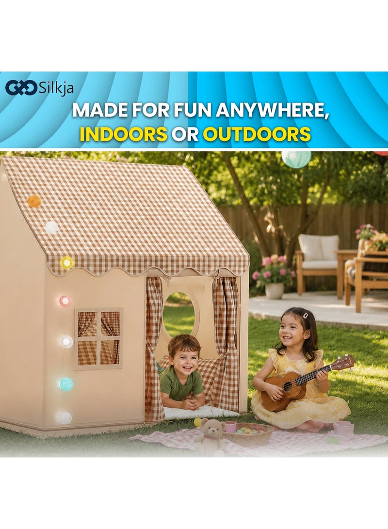 Silkja Kids Play Tent – Large Indoor & Outdoor Playhouse for Boys & Girls (Ages 3–10) – Beige Tent with LED Fairy Lights, Windows & Curtains – Easy to Assemble Children’s Play House - Image 3