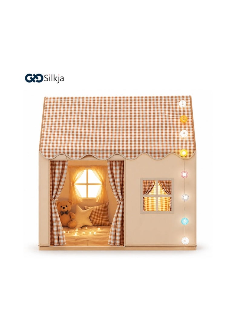 Silkja Kids Play Tent – Large Indoor & Outdoor Playhouse for Boys & Girls (Ages 3–10) – Beige Tent with LED Fairy Lights, Windows & Curtains – Easy to Assemble Children’s Play House - Image 1