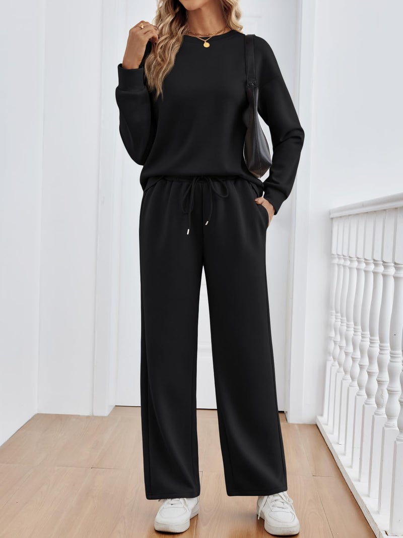 LILLUSORY Women's Sweatsuits 2 Piece Outfits Lounge Sweat Sets Matching Travel Tracksuits Wide Leg Sweatpants Fall Clothes Black L - Image 2