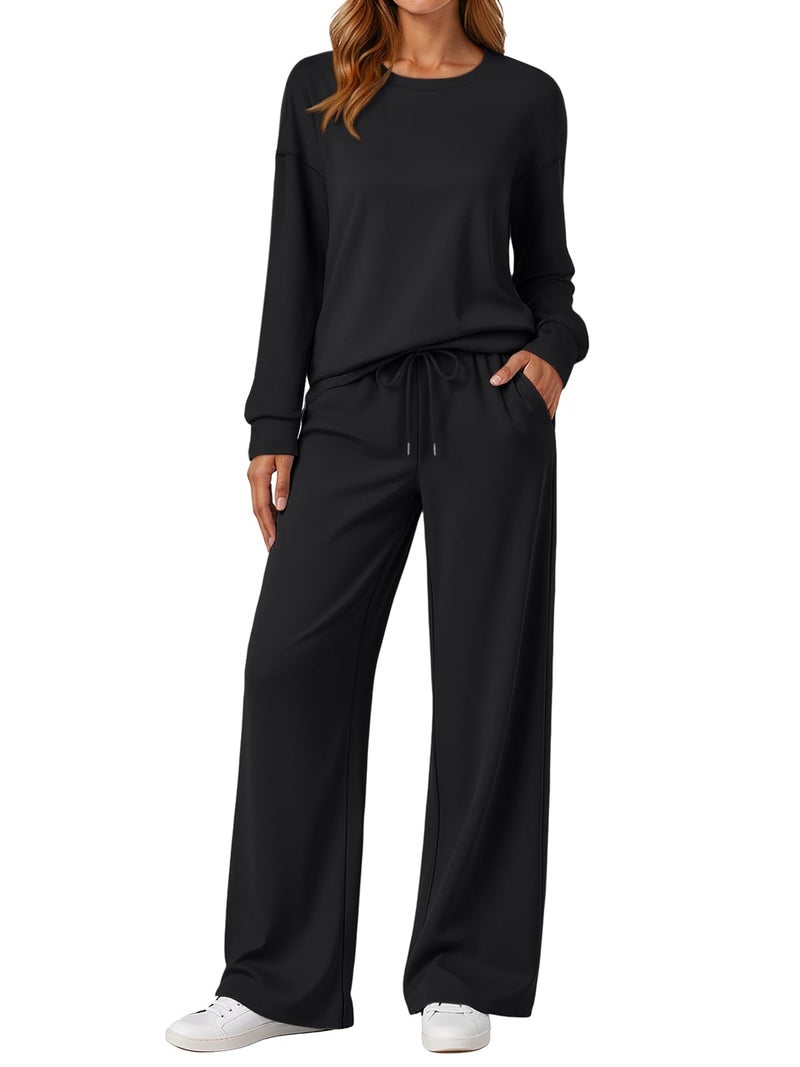 LILLUSORY Women's Sweatsuits 2 Piece Outfits Lounge Sweat Sets Matching Travel Tracksuits Wide Leg Sweatpants Fall Clothes Black L - Image 1
