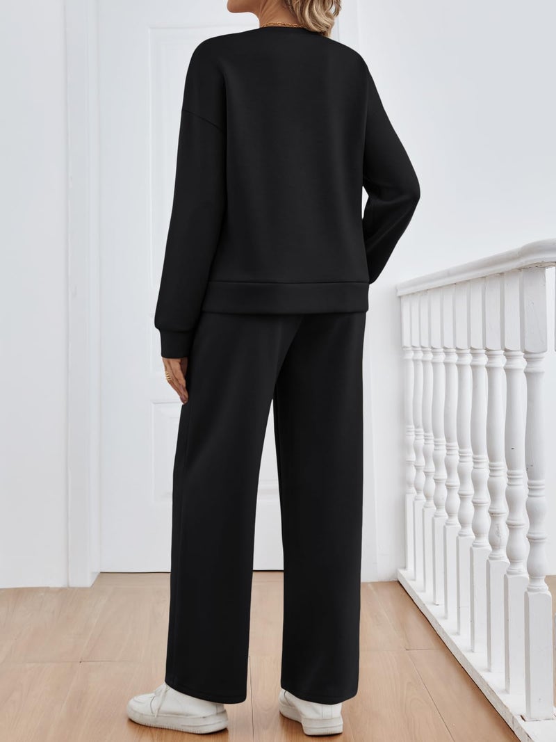 LILLUSORY Women's Sweatsuits 2 Piece Outfits Lounge Sweat Sets Matching Travel Tracksuits Wide Leg Sweatpants Fall Clothes Black L - Image 4