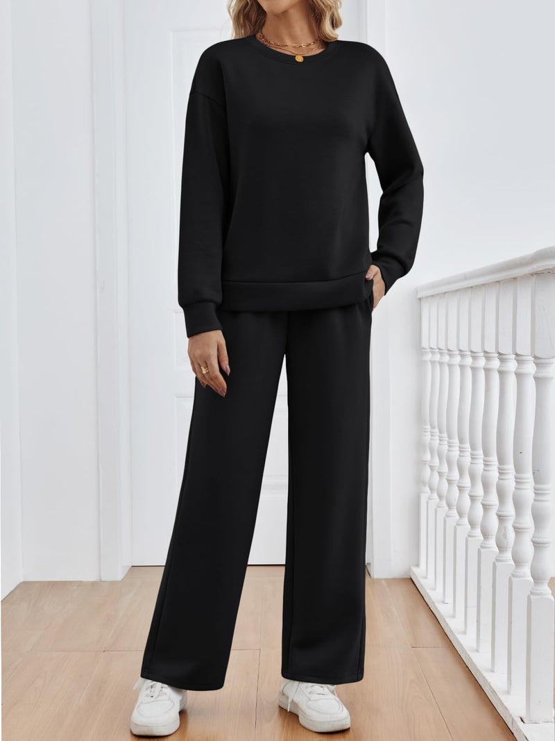 LILLUSORY Women's Sweatsuits 2 Piece Outfits Lounge Sweat Sets Matching Travel Tracksuits Wide Leg Sweatpants Fall Clothes Black L - Image 3