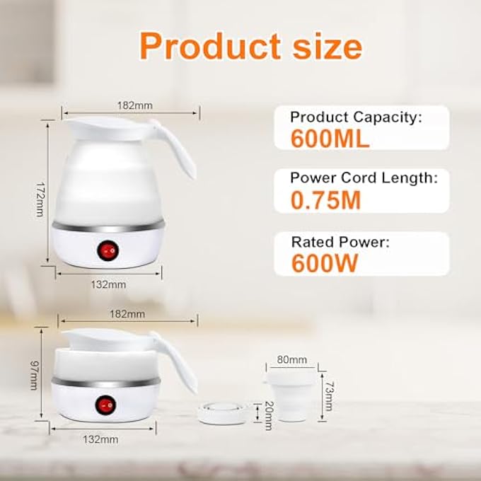 سکیلو غلاية كهربائية صغيرة محمولة قابلة للطي من السيليكون بسعة 06 لتر، غلاية سفر بإيقاف تشغيل تلقائي، غلاية صغيرة قابلة للطي للتخييم في الهواء الطلق والمكتب والفنادق ورحلات العمل 220 فولت، بيضاء - Image 3