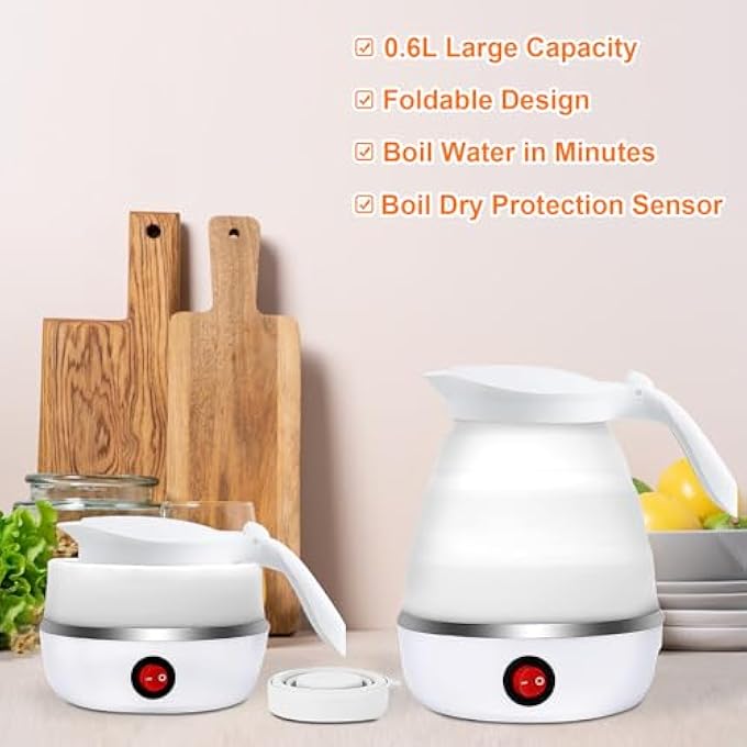 سکیلو غلاية كهربائية صغيرة محمولة قابلة للطي من السيليكون بسعة 06 لتر، غلاية سفر بإيقاف تشغيل تلقائي، غلاية صغيرة قابلة للطي للتخييم في الهواء الطلق والمكتب والفنادق ورحلات العمل 220 فولت، بيضاء - Image 5