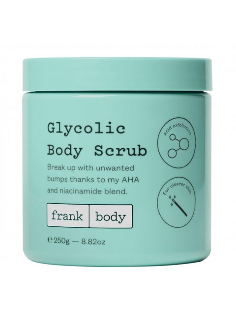 Frank Body Glycolic Body Scrub | Vegan, Cruelty Free, Exfoliating Body Scrub | Helps to Fight Breakouts and Soothes Skin & Marks with AHA, Pumice, Witch Hazel, and Niacinamide | 8.82 oz / 250 g