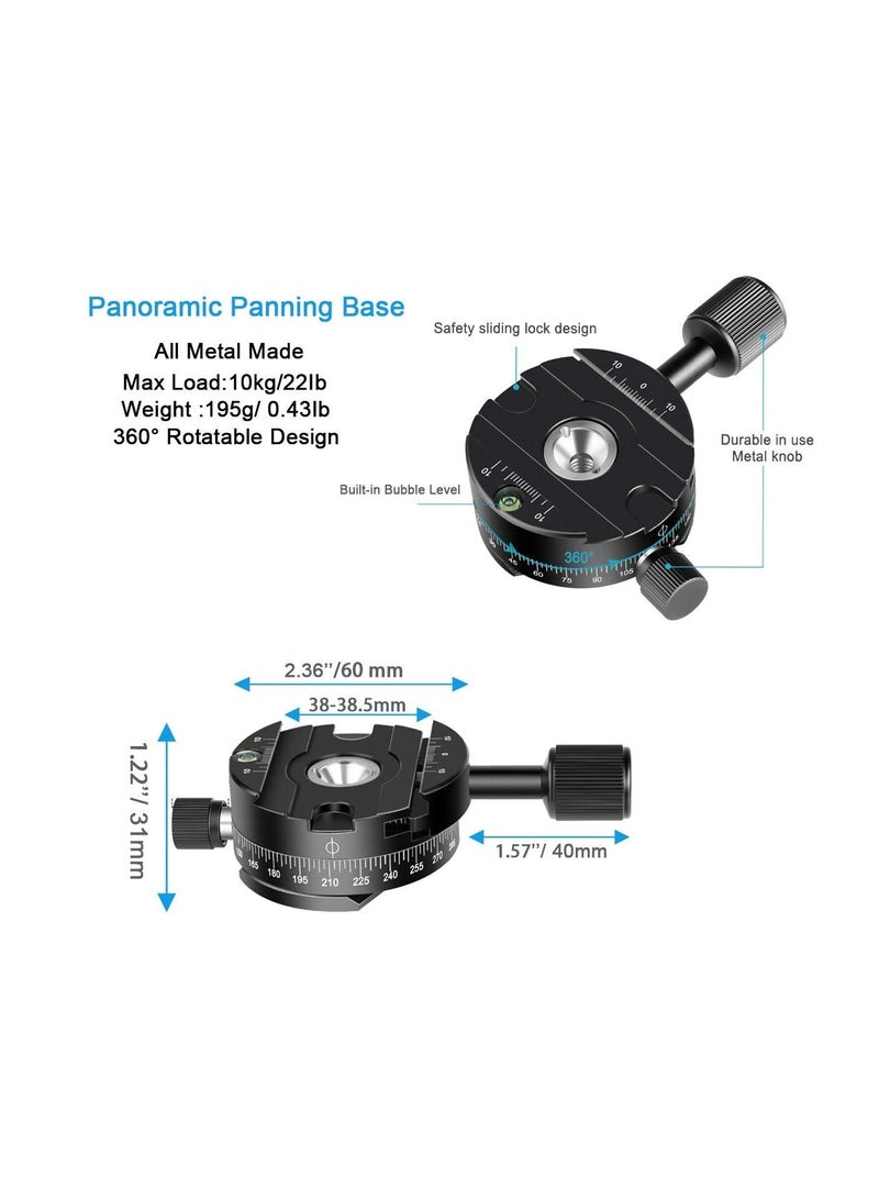 Captaintech SYOSI 360 Panoramic Tripod Head Base Screw Knob Clamp, with 38mm Arca Swiss Style Quick Release Plate Bubble Level for Peak Design Travel Tripod, Gimbal, up to 22.05LBS - Image 2