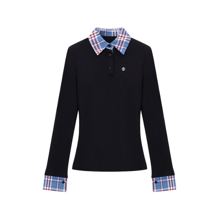 Fake Two-piece Polo Lar Long-sleeved T-shirt Womens Autumn Plaid Stitching Shoulder Base Shirt Design Sense Top Foreign Trade Black