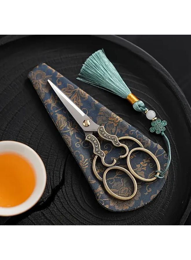 Antique Ruyi And Lotus Tea Scissors Set Blue Handmade For Fabric Tailor Craftsmanship - Image 3