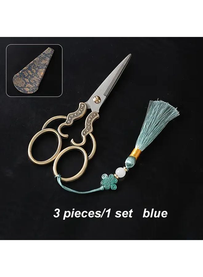 Antique Ruyi And Lotus Tea Scissors Set Blue Handmade For Fabric Tailor Craftsmanship - Image 1