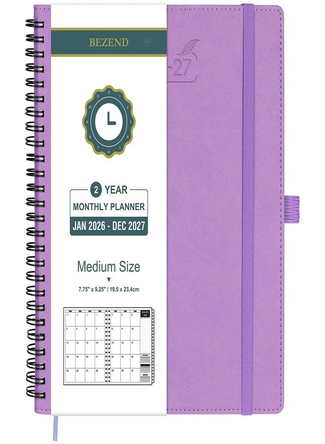 BEZEND Monthly Planner 2026-2027, 2 Year Calendar Book with Notes, 7" x 9" Medium Size, Runs Jan 2026 to Dec 2027, 120 GSM Paper, Storage Pockets, Spiral PU Leather Softcover - Lavender - Image 1