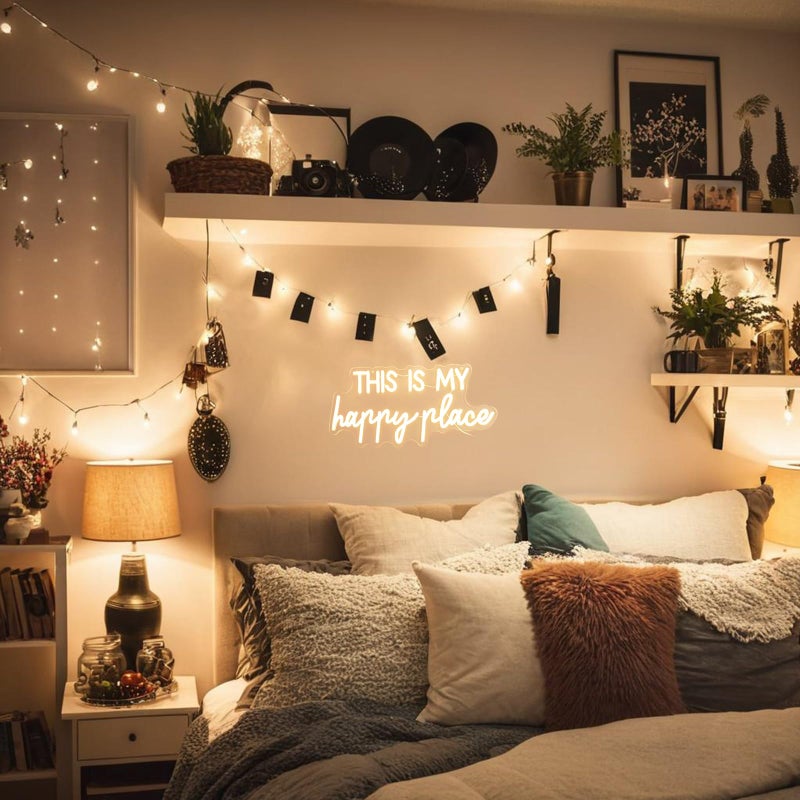 Adnkwolivt Neon Lights for Wall Decor - This Is My Happy Place Neon Signs for Teen Girls Bedroom Decor, Led Sign for Wall Decor, Nightstand Light, Dimmable Switch USB Power, Adhesive Hook Included - Image 4