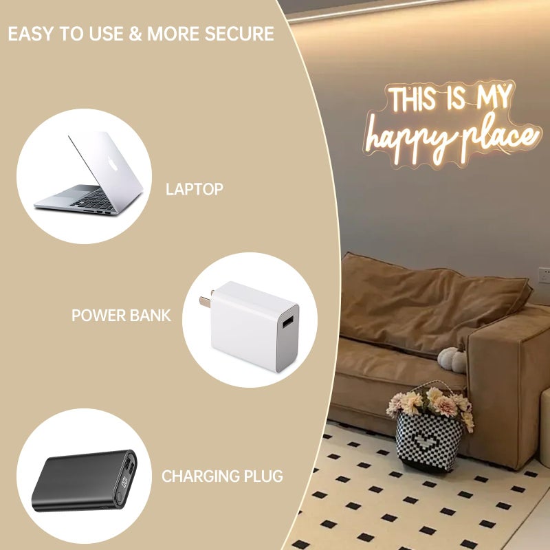 Adnkwolivt Neon Lights for Wall Decor - This Is My Happy Place Neon Signs for Teen Girls Bedroom Decor, Led Sign for Wall Decor, Nightstand Light, Dimmable Switch USB Power, Adhesive Hook Included - Image 2