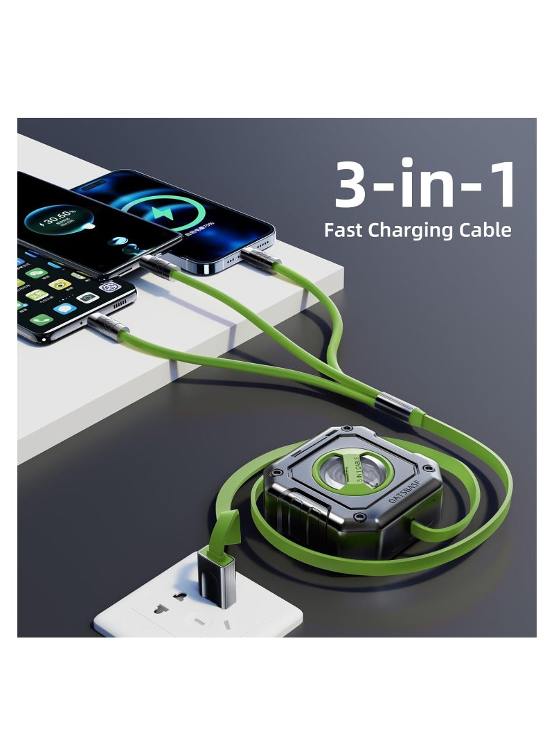 SOLARAE Upgraded Multi Charging Cable, 3 in 1 Retractable USB Charging Cable with Type C, Micro USB, Phone Port, Mech Style Multiple Fast Charger Cord for Phone 15 14 13 12 11 XS XR(4ft/Green) - Image 2