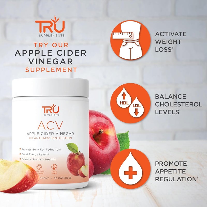 TRU Supplements ACV Apple Cider Vinegar Organic ACV with The Mother Improves Digestion and Skin Health 45 Servings 1000mg - Image 4