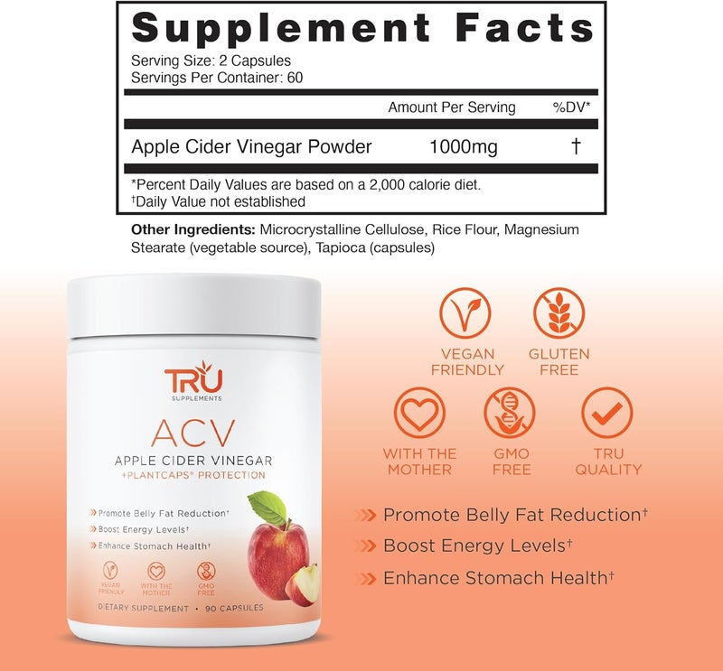 TRU Supplements ACV Apple Cider Vinegar Organic ACV with The Mother Improves Digestion and Skin Health 45 Servings 1000mg - Image 2