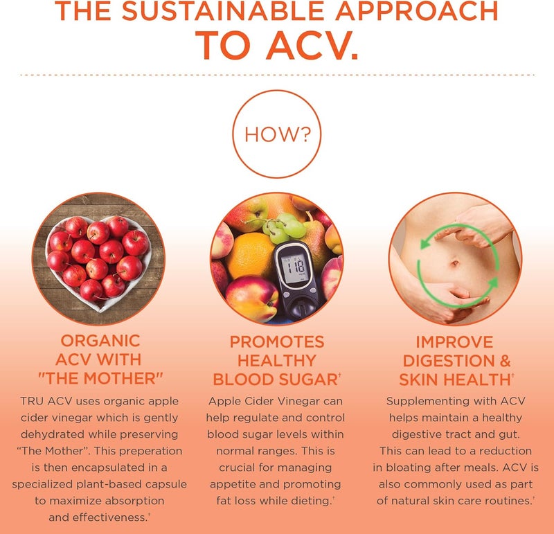 TRU Supplements ACV Apple Cider Vinegar Organic ACV with The Mother Improves Digestion and Skin Health 45 Servings 1000mg - Image 3