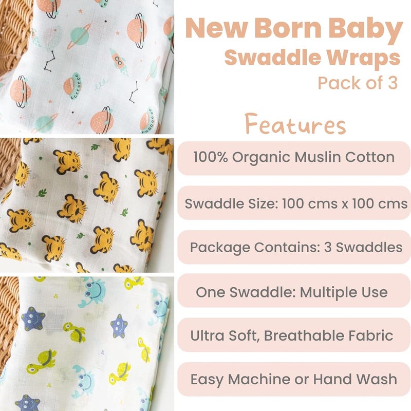 Threads & Yarn Threads Yarn Organic Muslin Cotton Swaddle Wrap for New Born 100 cm x 100 cm Multicolor Pack of 3 Baby2 - Image 3