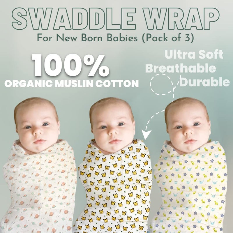 Threads & Yarn Threads Yarn Organic Muslin Cotton Swaddle Wrap for New Born 100 cm x 100 cm Multicolor Pack of 3 Baby2 - Image 2