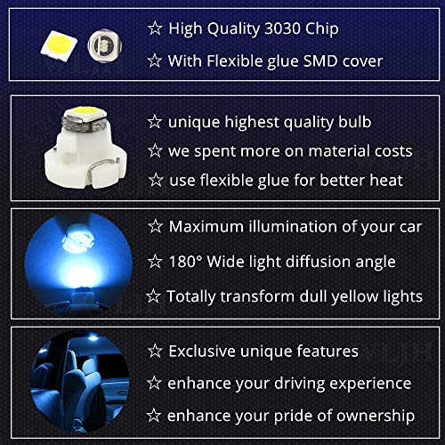 WLJH 10x Ice Blue T3 Neo Wedge Led 3030 SMD Chip 8mm Base Car Dash Instrument Bulb Clock Check Engine Transmission Fasten Seat Belt Hi-Beam Parking Brake Turn Signal Ignition Indicator Lights - Image 2