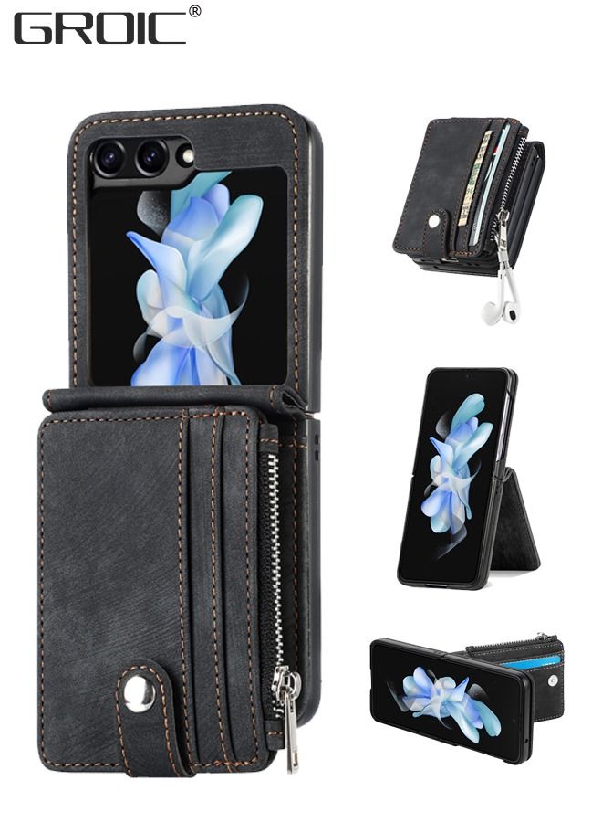 GROIC Samsung Galaxy Z Flip 5 Leather Black Wallet Case, Phone Screen Protector with Detachable Card Holder, Zipper Wallet Kickstand Shockproof Minimalist Front Pocket Wallet Phone Cover for Man Woman  - Image 1