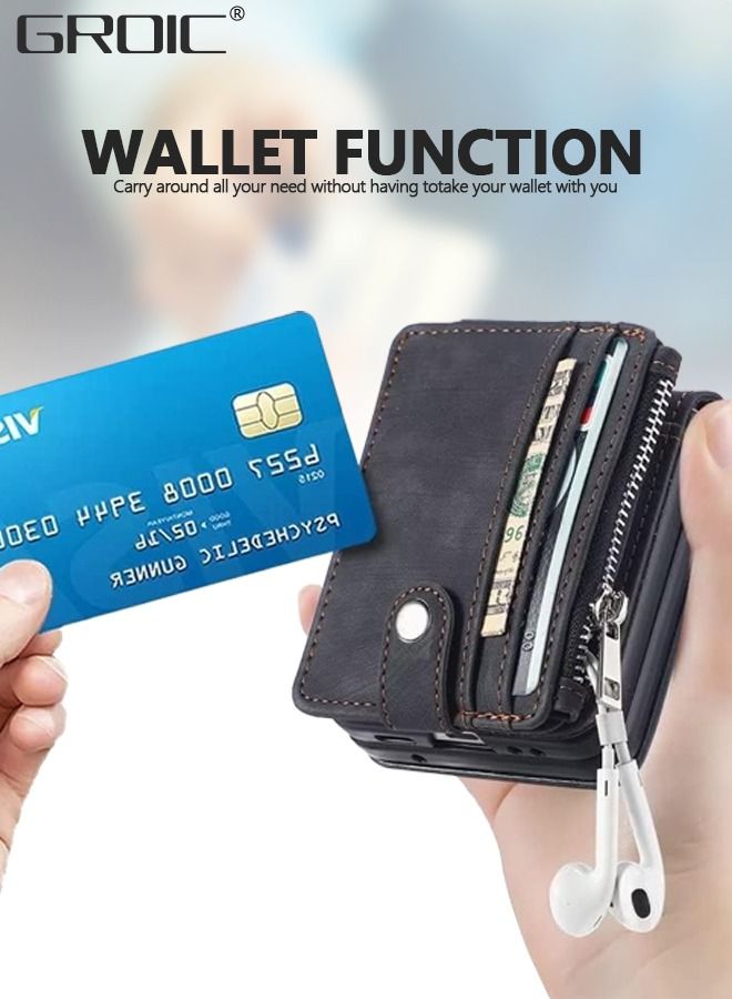 GROIC Samsung Galaxy Z Flip 5 Leather Black Wallet Case, Phone Screen Protector with Detachable Card Holder, Zipper Wallet Kickstand Shockproof Minimalist Front Pocket Wallet Phone Cover for Man Woman  - Image 2