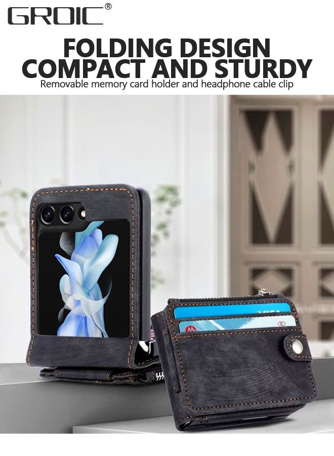 GROIC Samsung Galaxy Z Flip 5 Leather Black Wallet Case, Phone Screen Protector with Detachable Card Holder, Zipper Wallet Kickstand Shockproof Minimalist Front Pocket Wallet Phone Cover for Man Woman  - Image 4