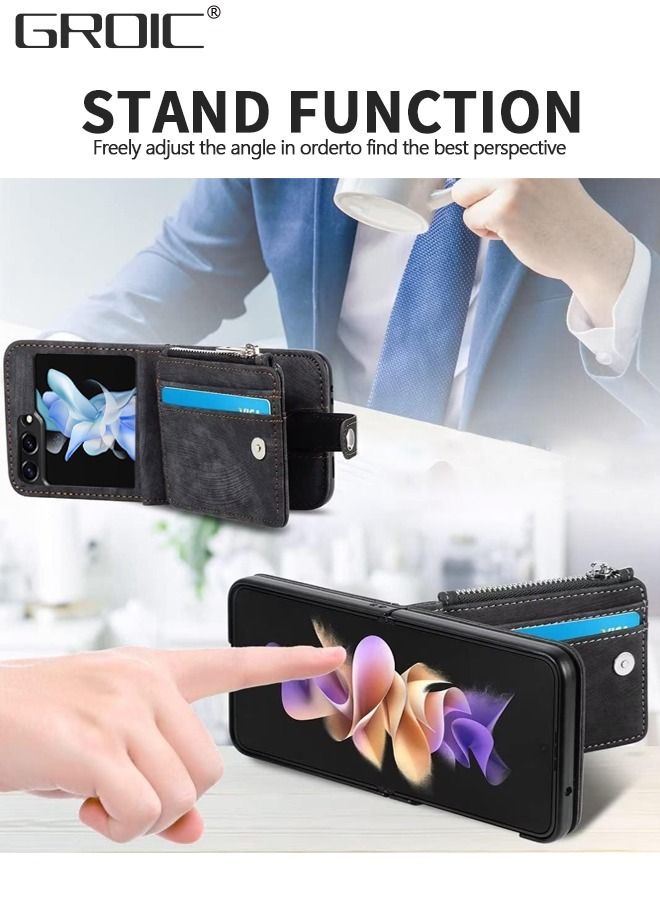 GROIC Samsung Galaxy Z Flip 5 Leather Black Wallet Case, Phone Screen Protector with Detachable Card Holder, Zipper Wallet Kickstand Shockproof Minimalist Front Pocket Wallet Phone Cover for Man Woman  - Image 3