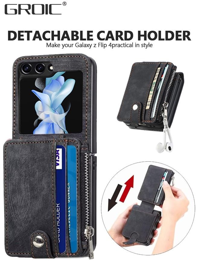 GROIC Samsung Galaxy Z Flip 5 Leather Black Wallet Case, Phone Screen Protector with Detachable Card Holder, Zipper Wallet Kickstand Shockproof Minimalist Front Pocket Wallet Phone Cover for Man Woman  - Image 5