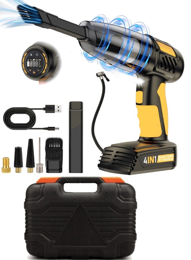 دراكسون مكنسة كهربائية محمولة للسيارة 4 في 1 ومنفاخ إطارات محمول ومضخة ضاغط هواء، ضوء LED وشاشة LCD رقمية لقياس ضغط الإطارات بدون أسلاك عالية الطاقة لسيارات الدفع الرباعي والدراجات النارية وكرة السلة - Image 1
