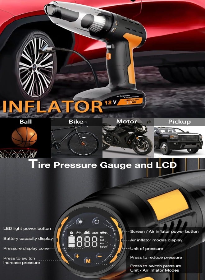 دراكسون مكنسة كهربائية محمولة للسيارة 4 في 1 ومنفاخ إطارات محمول ومضخة ضاغط هواء، ضوء LED وشاشة LCD رقمية لقياس ضغط الإطارات بدون أسلاك عالية الطاقة لسيارات الدفع الرباعي والدراجات النارية وكرة السلة - Image 5