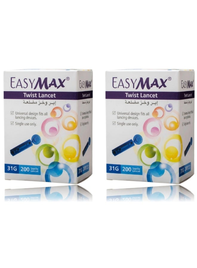 EASYMAX Twist Lancet 31G Sterile Blood Glucose Lancets - Pack of 2 (200 Lancets per Pack)