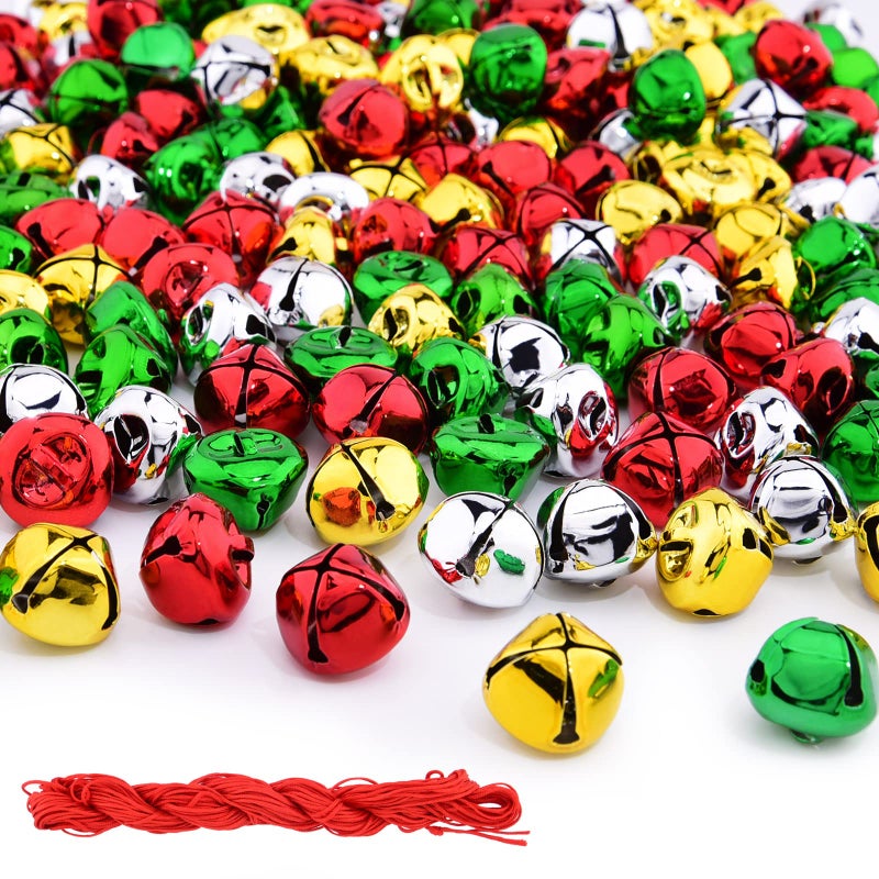 Hapeper 60 Pieces 1 Inch Christmas Bells Red Green Gold Silver Metal Bells for Christmas Decoration