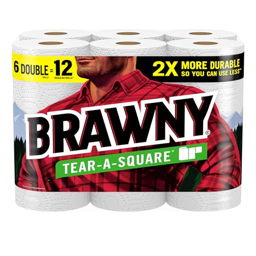Brawny Tear-A-Square Paper Towels, 6 Double Rolls = 12 Regular Rolls, 3 Sheet Sizes (Quarter, Half, Full), Strength for All Messes, Cleanups, and Meal Prep - Image 1