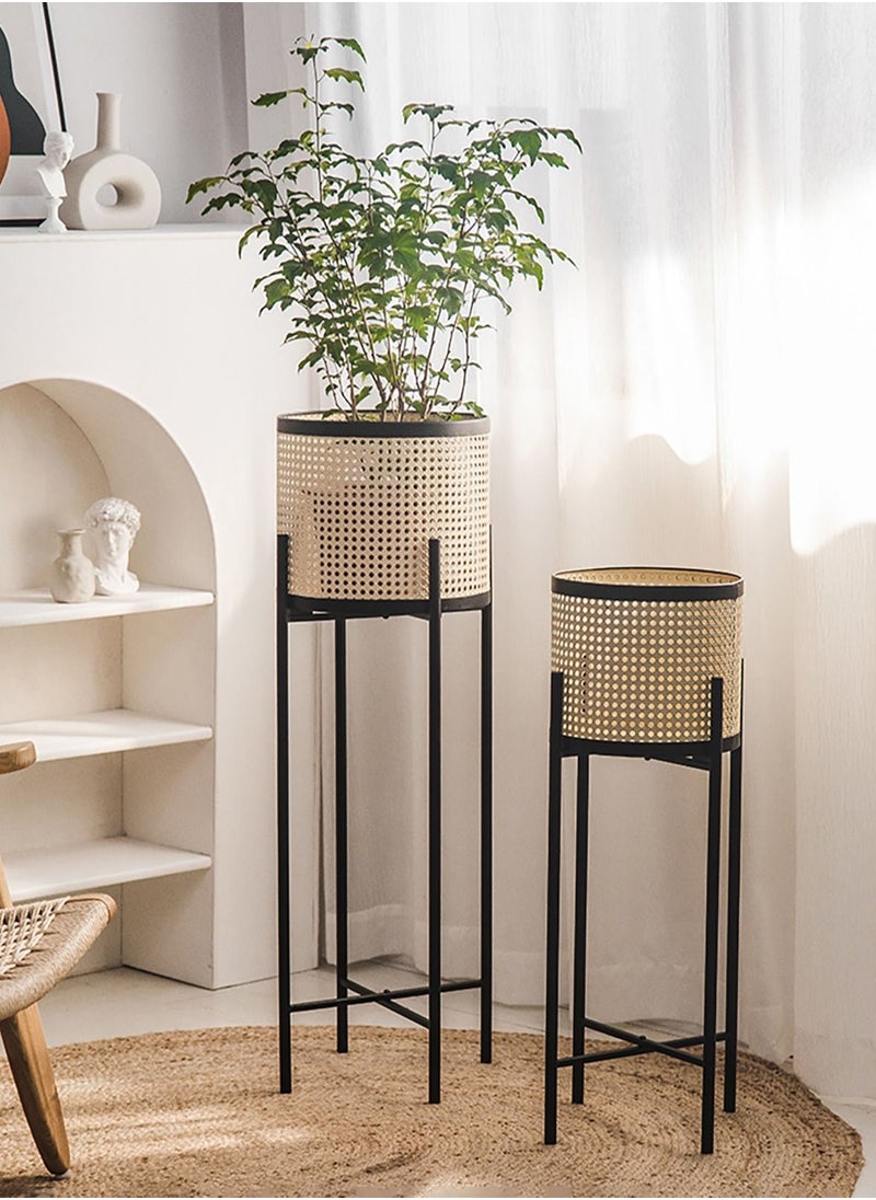 Merry Moments Rattan Imitation Weaving Planter Stand Plant Holder Flower Stand Plant Pot Holder Metal Black Sand Colour with Containers for Indoor and Outdoor Plant 1 Pcs L25xH80xW25  - Image 1