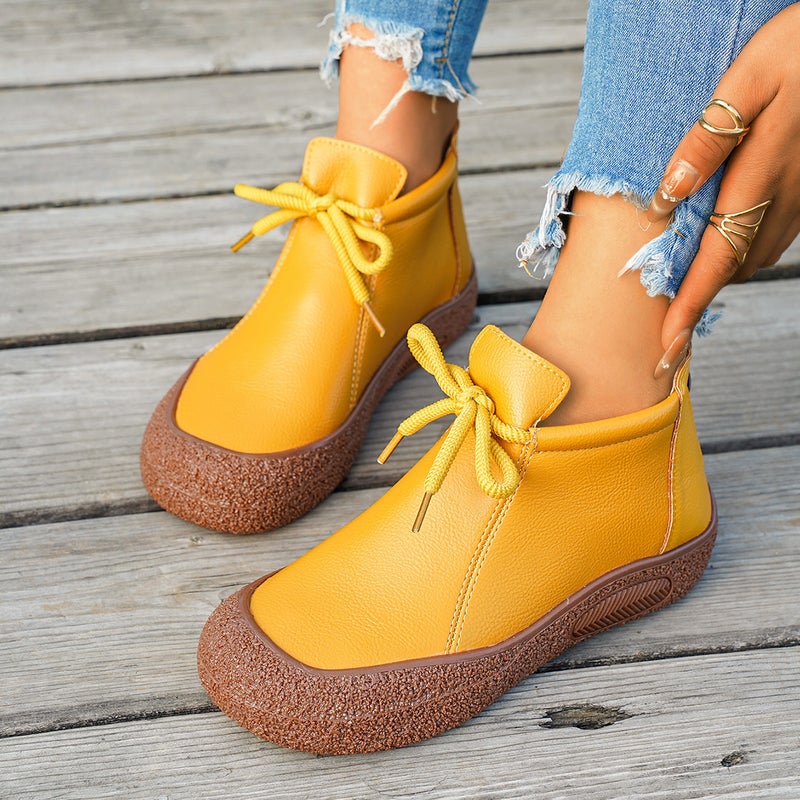 Large Size Lace-Up Retro Short Boots Thick-Soled Casual Soft Leather Back Zipper Comfortable Soft-Soled Boots - Image 1