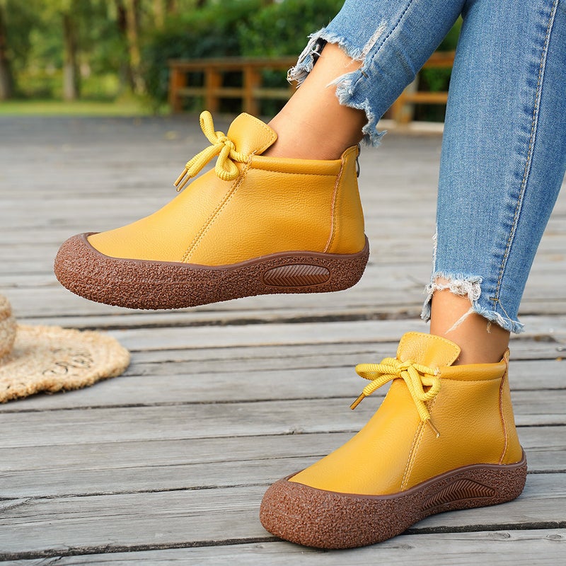 Large Size Lace-Up Retro Short Boots Thick-Soled Casual Soft Leather Back Zipper Comfortable Soft-Soled Boots - Image 4