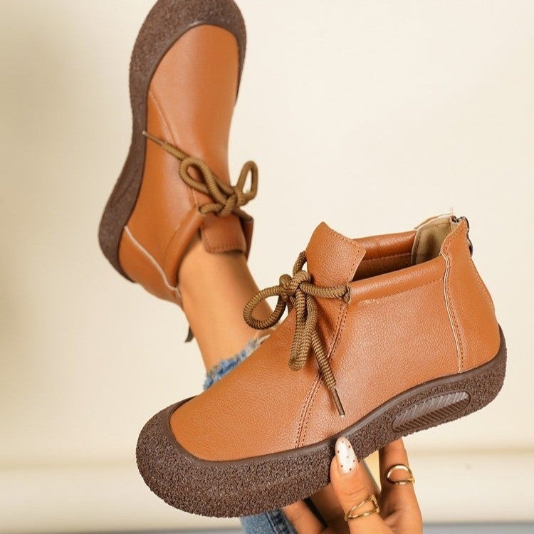 Large Size Lace-Up Retro Short Boots Thick-Soled Casual Soft Leather Back Zipper Comfortable Soft-Soled Boots - Image 3