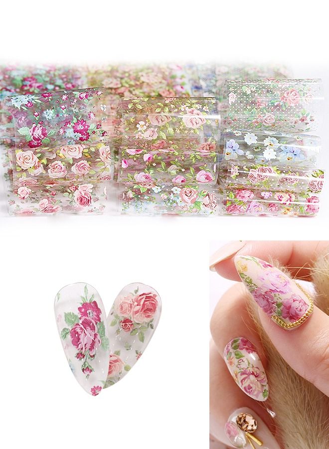 10 Sheet Flowers Nail Art Foil Transfer Water Stickers, Translucency Watermark Flower Transfer Nail Adhesive Stickers, Rose Sunflower Daisy Design Manicure DIY Decoration - Image 1