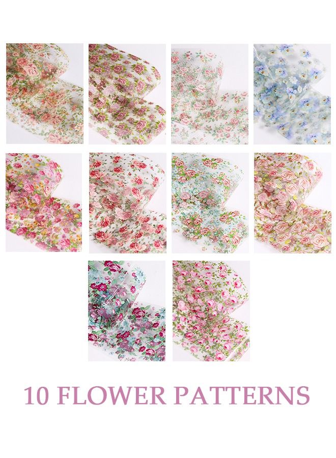 10 Sheet Flowers Nail Art Foil Transfer Water Stickers, Translucency Watermark Flower Transfer Nail Adhesive Stickers, Rose Sunflower Daisy Design Manicure DIY Decoration - Image 2