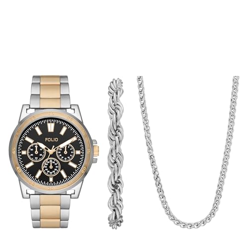 Folio Men's Silver and Gold Two-Tone Watch, Bracelet and Necklace Gift Set (Model: FMDFL6052) - Image 1