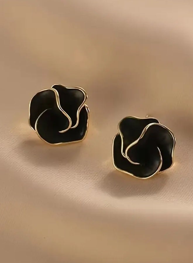 Ready For Chai Pair of Elegant Black & Golden Camellia Flower Stud Earrings - Chic Minimalist Design with Enamel Finish, Stainless Steel Posts, Ideal for Weddings, Balls, Music Festivals, and Everyday Glamour, Cute Earrings - Image 1
