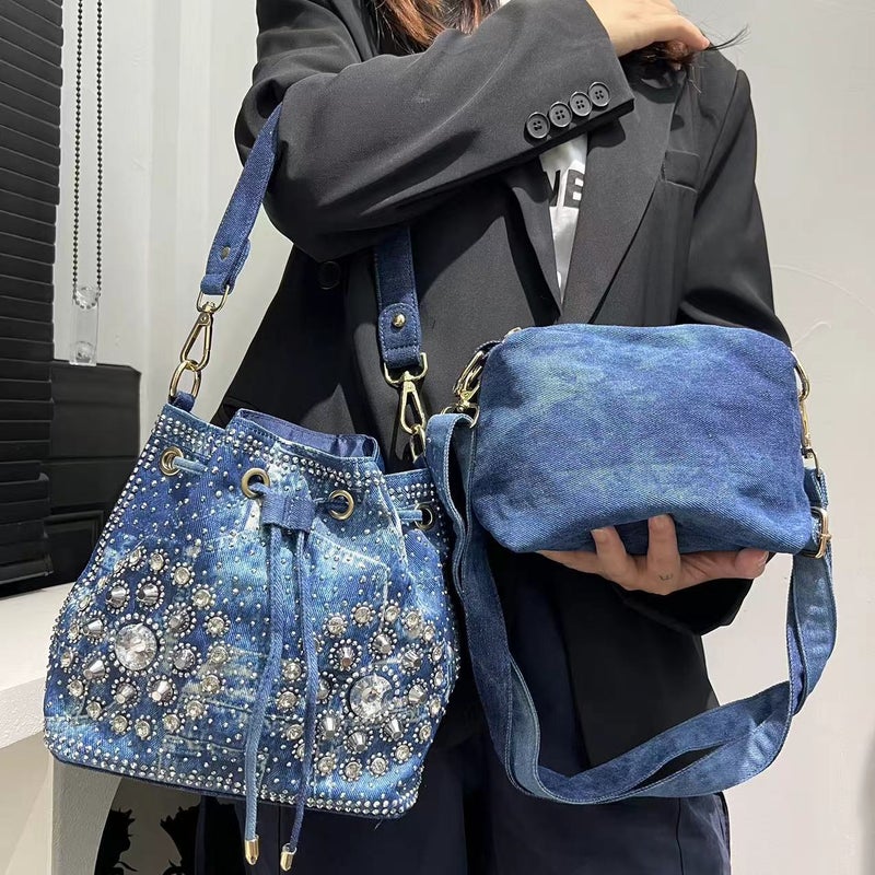 Women'S Fashion Denim Diamond New Shoulder Bag Diamond Ornamental Flower Mother-And-Mother Crossbody Handbag - Image 1