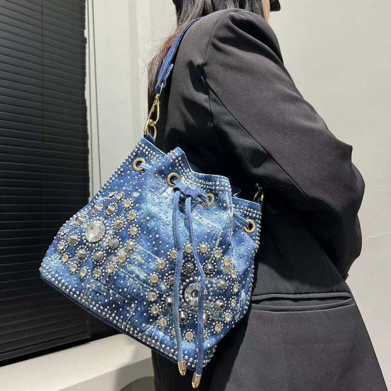 Women'S Fashion Denim Diamond New Shoulder Bag Diamond Ornamental Flower Mother-And-Mother Crossbody Handbag - Image 3