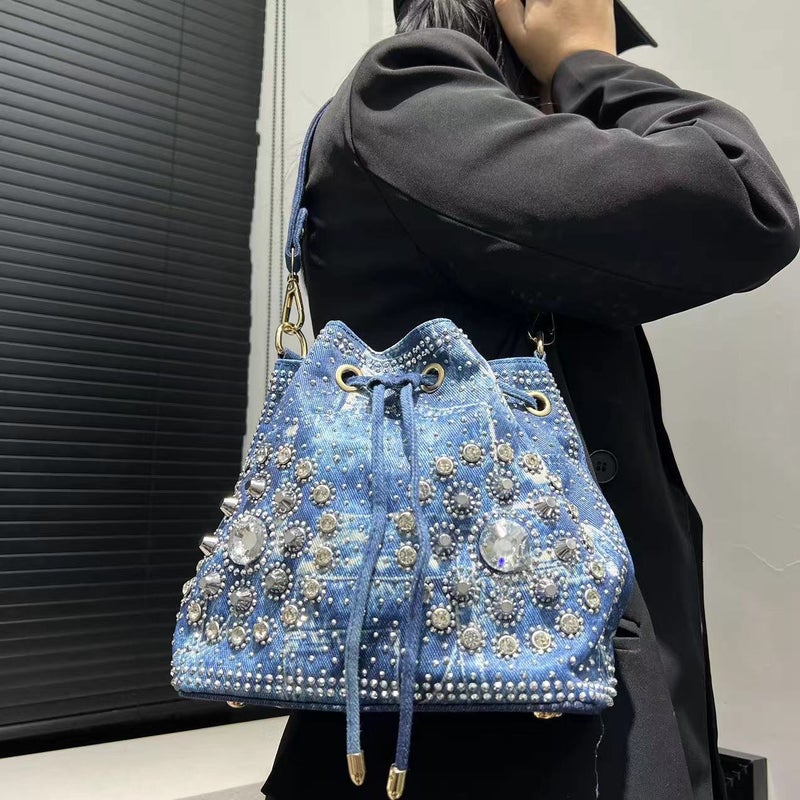 Women'S Fashion Denim Diamond New Shoulder Bag Diamond Ornamental Flower Mother-And-Mother Crossbody Handbag - Image 4