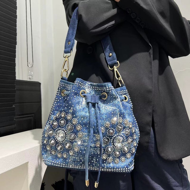 Women'S Fashion Denim Diamond New Shoulder Bag Diamond Ornamental Flower Mother-And-Mother Crossbody Handbag - Image 5