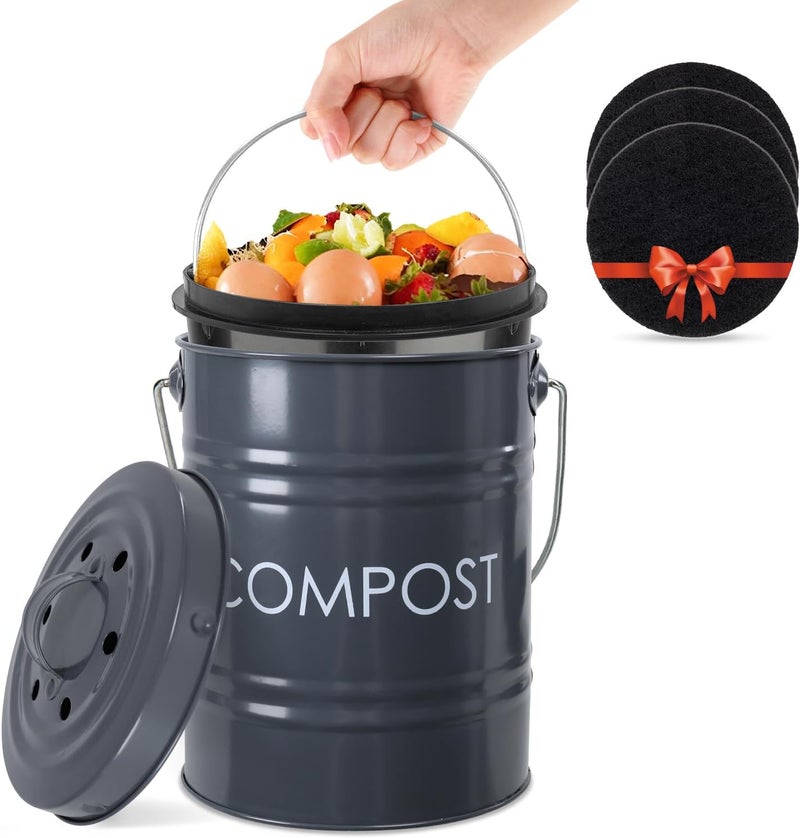 Vipush Compost Bin Kitchen Countertop Composter with lid – Small Compost ContainerI Includes Inner Compost Bucket Liner & Charcoal Filter, Grey - Image 1