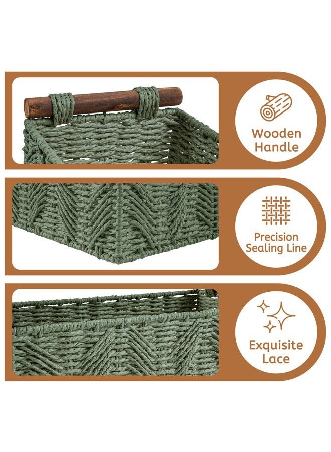 STOBSK Storage Basket Wicker Baskets for Organizing with Handle Decorative Storage Bins for Countertop Toilet Paper Basket for Toilet Tank Top Small Baskets Set,Green - Image 2