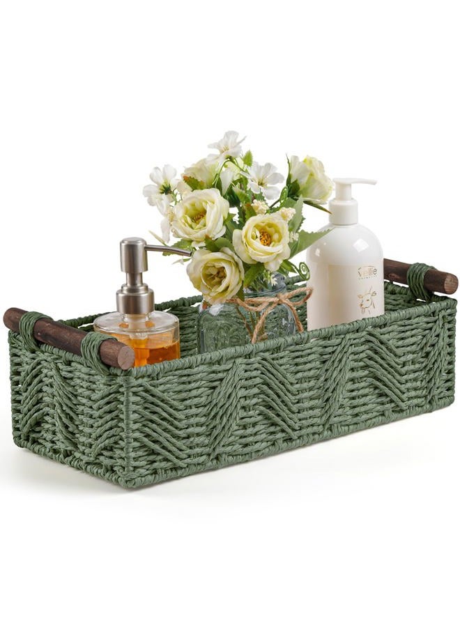 STOBSK Storage Basket Wicker Baskets for Organizing with Handle Decorative Storage Bins for Countertop Toilet Paper Basket for Toilet Tank Top Small Baskets Set,Green - Image 1
