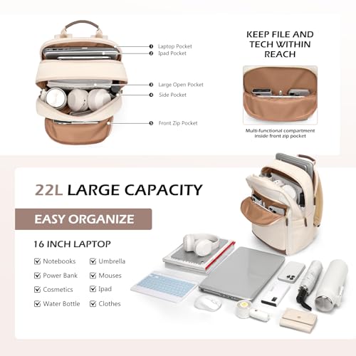 GOLF QUALITY Laptop Backpack for Women Travel Carry On Bag Weekender Business Multilayer Personal Item Backpack,16 Inch,WApricot - Image 3